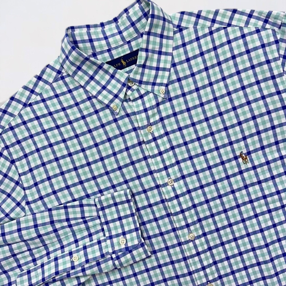 Ralph Lauren Shirt Mens XL Blue Green Plaid OCBD Long Sleeve Flesh Pony Modern